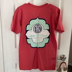 AXO Alpha Chi Omega Sorority shirt coral blue white size small